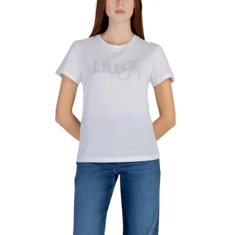 Weißes Liu Jo Damen-Baumwoll-T-Shirt mit Rundhalsausschnitt und funkelndem Strass-Logo auf der Brust