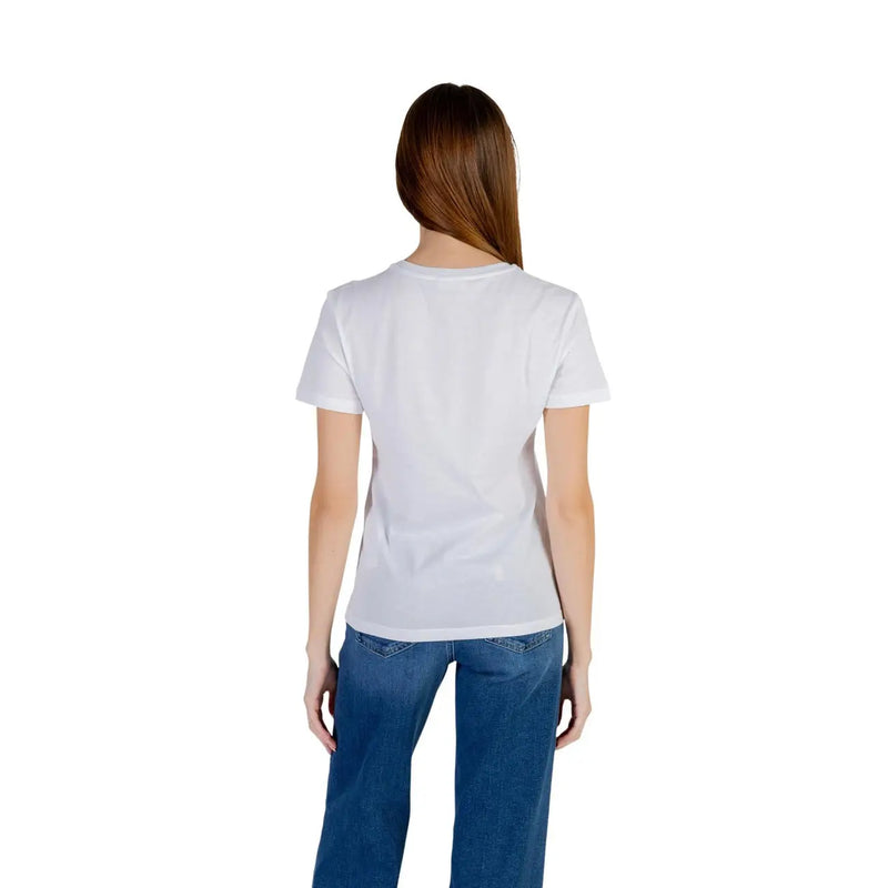 Weißes Damen-T-Shirt von Liu Jo aus 100 % Baumwolle mit Rundhalsausschnitt und kurzen Ärmeln.