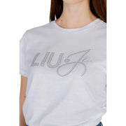 Weißes, kurzes Baumwoll-T-Shirt von Liu Jo für Damen mit Rundhalsausschnitt und funkelndem Strass-Logo auf der Brust