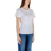 Weißes Damen-T-Shirt aus Baumwolle von Liu Jo mit Rundhalsausschnitt und kurzen Ärmeln sowie einem glitzernden Lucy-Logo auf der Brust.