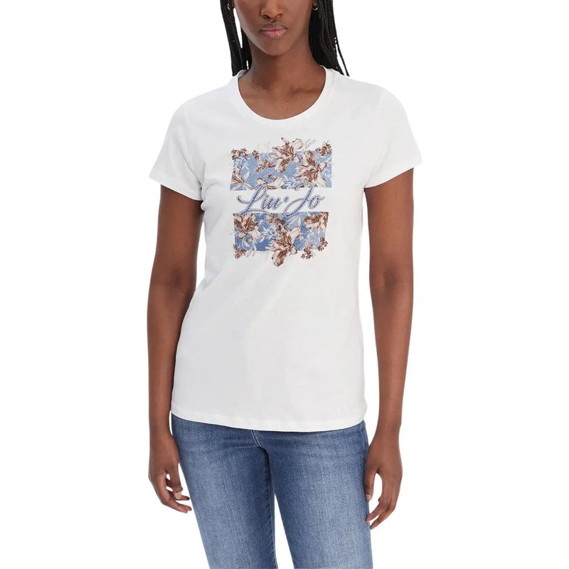 Liu Jo Weißes Damen-T-Shirt aus Baumwolle mit kurzen Ärmeln und blau-braun-beigem Blumen- und Schriftzugmuster