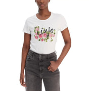 Liu Jo Weißes, kurzes Baumwoll-T-Shirt für Damen mit Rundhalsausschnitt, rosa Rosenmuster und schwarzem Liu-Jo-Logo in Schreibschrift