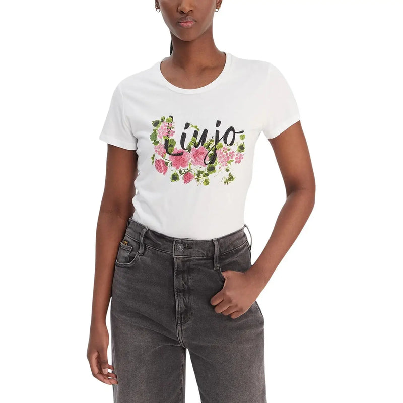Liu Jo Weißes, kurzes Baumwoll-T-Shirt für Damen mit Rundhalsausschnitt, rosa Rosenmuster und schwarzem Liu-Jo-Logo in Schreibschrift