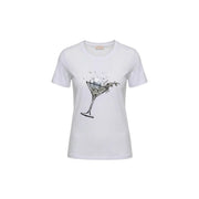 Liu Jo Weißes, kurzes Damen-T-Shirt aus Baumwolle mit Rundhalsausschnitt, schwarzem Martini-Glas-Motiv und glitzerndem Flüssigkeitsspritzer-Design