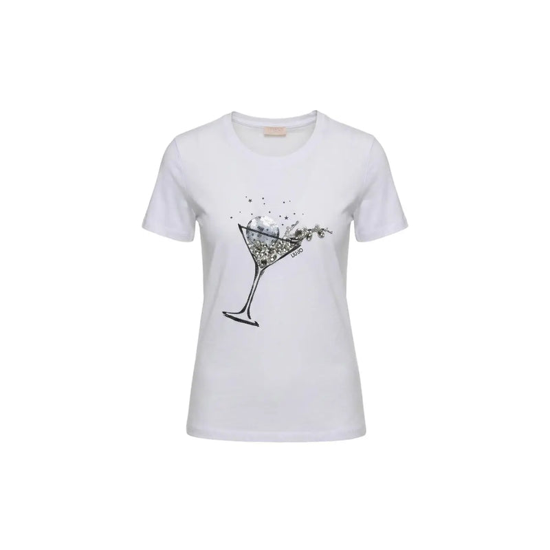 Liu Jo Weißes, kurzes Damen-T-Shirt aus Baumwolle mit Rundhalsausschnitt, schwarzem Martini-Glas-Motiv und glitzerndem Flüssigkeitsspritzer-Design