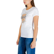 Liu Jo Weißes Damen-T-Shirt aus Baumwolle mit Rundhalsausschnitt, kurzen Ärmeln und farbenfrohem Liu-Jo-Grafikprint