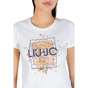 Liu Jo Weißes Damen-T-Shirt aus Baumwolle mit kurzen Ärmeln, floralem Muster und marineblauem Logo am Rundhalsausschnitt