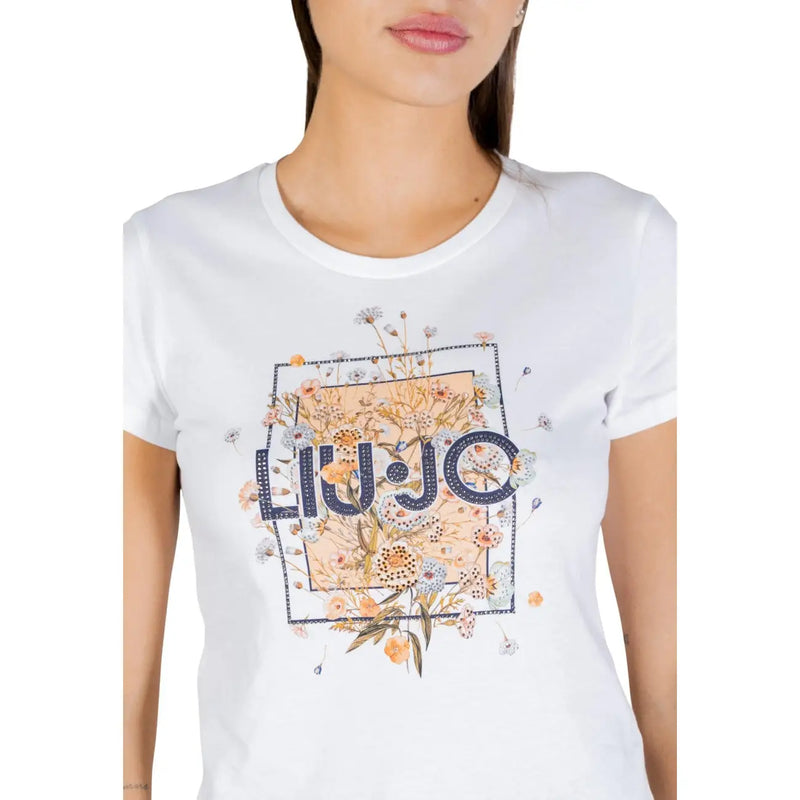Liu Jo Weißes Damen-T-Shirt aus Baumwolle mit kurzen Ärmeln, floralem Muster und marineblauem Logo am Rundhalsausschnitt
