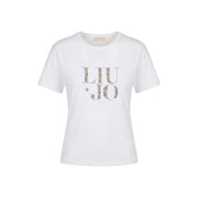 Weißes Liu Jo Baumwoll-T-Shirt mit Rundhalsausschnitt und funkelndem, mit Strasssteinen verziertem Liu Jo Logo auf der Brust