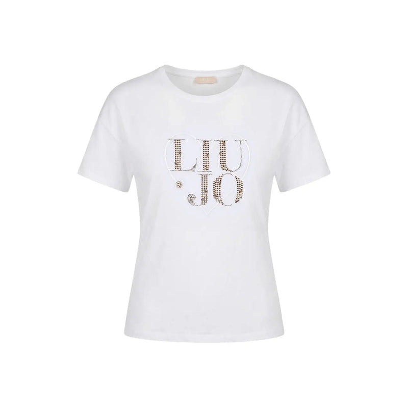 Weißes Liu Jo Baumwoll-T-Shirt mit Rundhalsausschnitt und funkelndem, mit Strasssteinen verziertem Liu Jo Logo auf der Brust