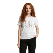 Liu Jo Weißes, kurzes Baumwoll-T-Shirt für Damen mit Rundhalsausschnitt und funkelndem Strass-Logo auf der Brust