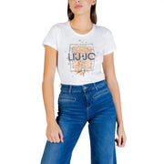 Liu Jo Weißes Damen-T-Shirt aus Baumwolle mit kurzen Ärmeln, Rundhalsausschnitt und quadratischem, floralem Liu-Jo-Logo auf der Vorderseite