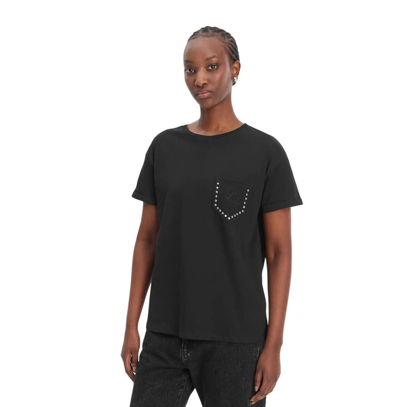 Schwarzes, kurzärmeliges Baumwoll-T-Shirt mit Nietentasche für Damen von Liu Jo