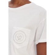 Liu Jo Weißes Damen-T-Shirt aus Baumwolle mit Rundhalsausschnitt, Ziertasche, gesticktem Logo und funkelnden Verzierungen