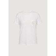 Weißes Damen-T-Shirt aus Baumwolle von Liu Jo mit Rundhalsausschnitt und dezentem, kreisförmigem Stickaufnäher auf der linken Brusttasche.
