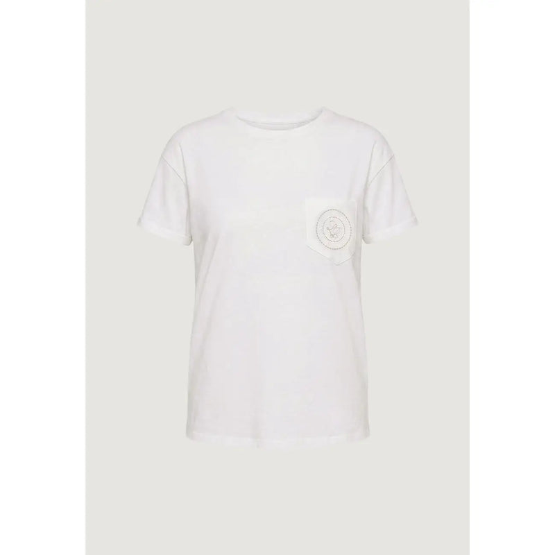Weißes Damen-T-Shirt aus Baumwolle von Liu Jo mit Rundhalsausschnitt und dezentem, kreisförmigem Stickaufnäher auf der linken Brusttasche.
