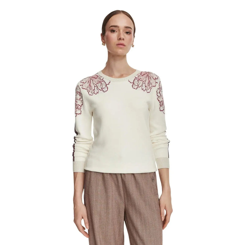 cremefarben Liu Jo Weißer Damenpullover aus Wollmischgewebe mit Blumenmuster und Knöpfen, verziert mit zarter rosa Blumenstickerei an Schultern und Ärmeln.