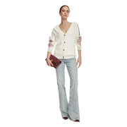 cremefarben Liu Jo Damen-Cardigan aus weißem Wollmischgewebe mit Blumenmuster, Knopfleiste und rosa Blumenstickerei an den Ärmeln