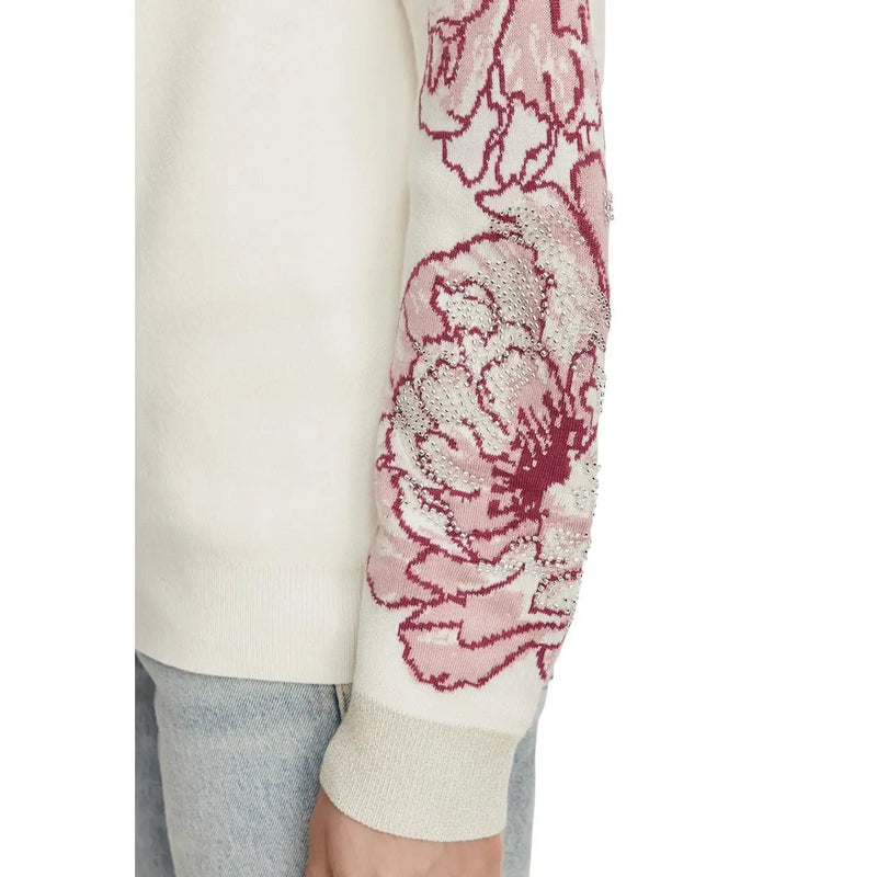 Liu Jo Weißer Damenpullover aus Wollmischung mit cremefarbenem Strickmuster, rosa- und bordeauxroter Blumenstickerei und Ärmelverzierungen