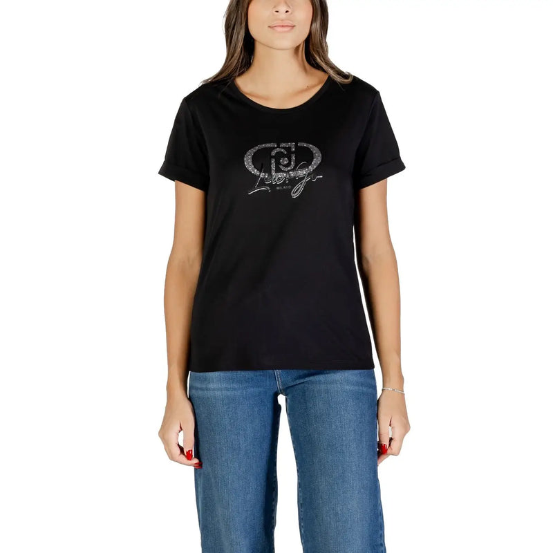 Black short-sleeved women’s cotton T-shirt with sparkly silver graphic design