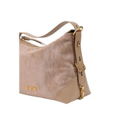 Moschino Damen-Schultertasche aus beigefarbenem Polyester mit goldfarbenen Beschlägen und abnehmbarem Riemen in Wildlederoptik