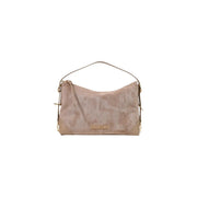 Ein taupefarbenes Wildleder Love Moschino Hobo-Tasche mit goldfarbenen Beschlägen und top Griff für Damen aus beigefarbenem Polyester