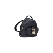 Moschino Damen-Rucksack aus schwarzem oder dunkelblauem Leder mit goldfarbenem „Love“-Schriftzug und Vordertasche mit Überschlag aus Polyurethan
