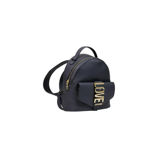 Moschino Damen-Rucksack aus schwarzem oder dunkelblauem Leder mit goldfarbenem „Love“-Schriftzug und Vordertasche mit Überschlag aus Polyurethan