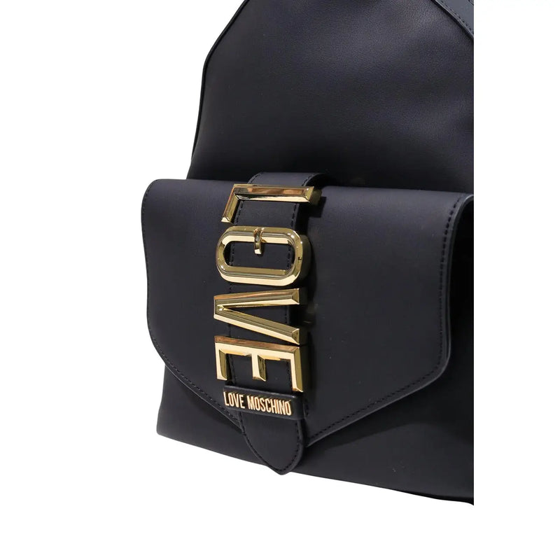 Schwarzes Leder Love Moschino Damenrucksack mit goldfarbener Herzschnalle und eingraviertem Markennamen aus Polyurethan