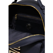Marineblaues Nylon Love Moschino Damenrucksack mit goldfarbenen Reißverschlüssen und rundem Logo-Patch, 13 x 28 x 10 cm