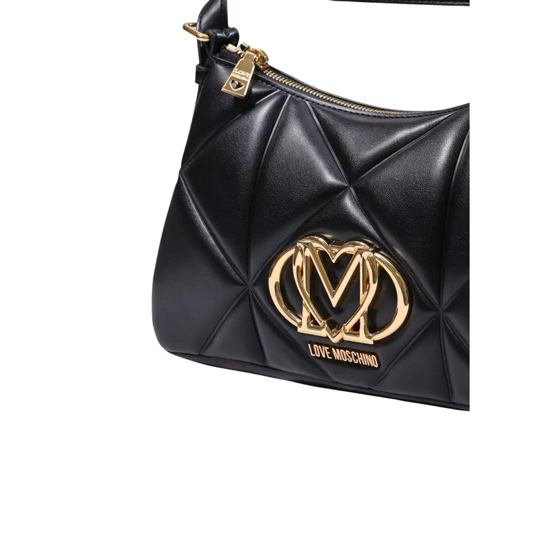 Love Moschino Schwarze, gesteppte Damenhandtasche aus Leder mit goldfarbenem, herzförmigem Logo und Reißverschlussanhänger