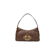 Ich liebe die schwarze Moschino-Damenhandtasche aus gestepptem braunem Leder mit goldfarbenem Logo-Emblem und Schulterriemen.