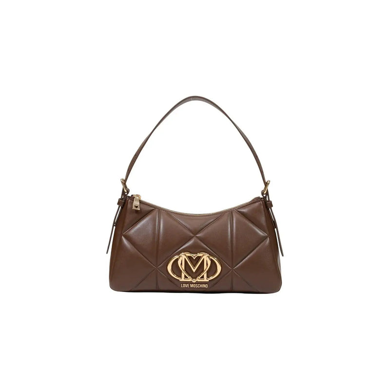 Ich liebe die schwarze Moschino-Damenhandtasche aus gestepptem braunem Leder mit goldfarbenem Logo-Emblem und Schulterriemen.