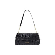 Love Moschino Schwarze Damenhandtasche aus Polyurethan, 27 cm, mit glänzendem, gerafftem Lederkorpus und Ketten- und Lederriemen