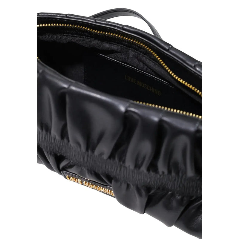 Love Moschino Schwarze, gesteppte Damen-Umhängetasche aus Leder mit Raffungen und goldfarbenen Beschlägen, 27 cm, aus Polyurethan