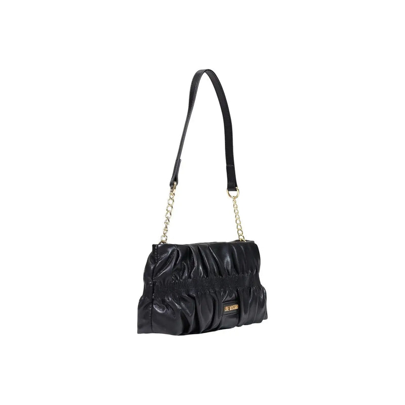 Love Moschino Schwarze, geraffte Damen-Umhängetasche aus Leder mit goldfarbenem Kettenriemen und Markenplakette, 27 cm