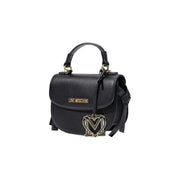 Love Moschino Damenhandtasche aus schwarzem Polyurethan mit strukturiertem Leder, goldfarbenem Logo-Emblem und Griffbeschlägen