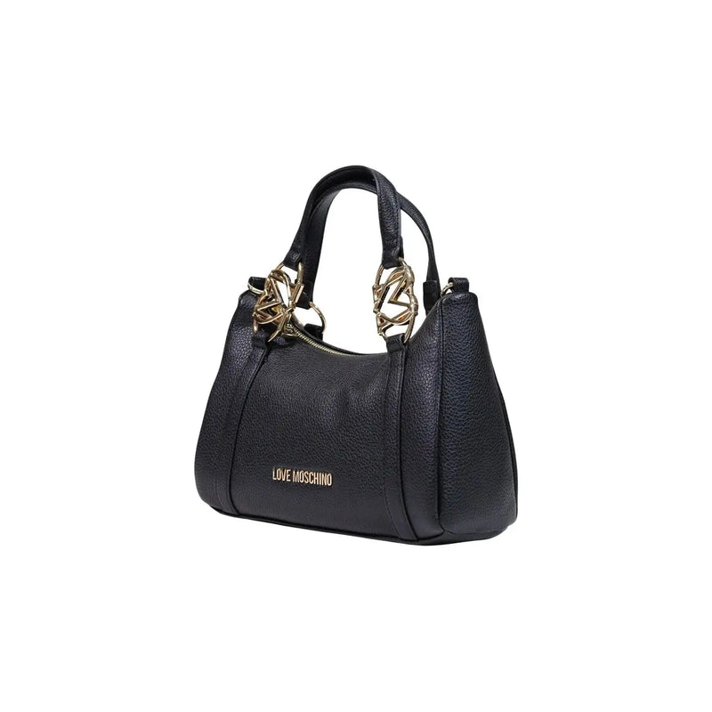 Schwarzes, strukturiertes Leder liebt Moschino Schultertasche mit goldfarbenen Henkeln und Logo-Plakette, 27 cm breit, Polyurethan