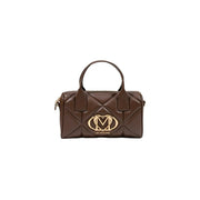 Braunes gestepptes Leder Love Moschino Handtasche mit goldfarbenem Logo-Emblem aus Polyurethan, 26 x 15 cm, für Damen