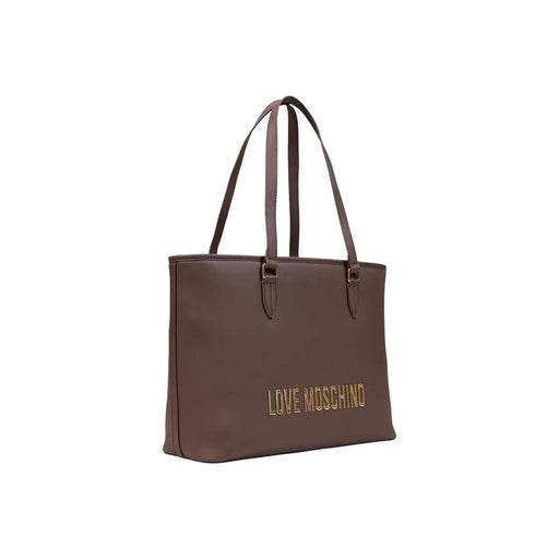 Braune Love Moschino Tragetasche mit goldfarbenem Schriftzug und passenden Ledergriffen aus Polyurethan