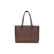 Braune Love Moschino Tragetasche aus Polyurethan mit goldfarbenem Schriftzug und passenden Henkeln, Maße: B 13 cm, H 28 cm, L 13 cm