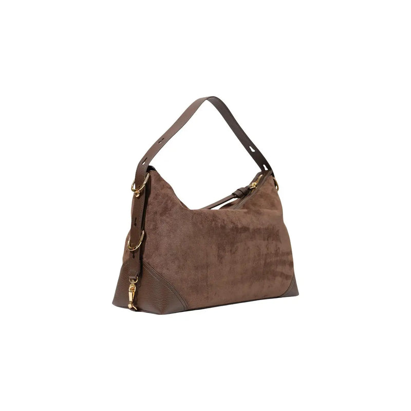 Love Moschino Damenhandtasche aus braunem Polyester, 10 x 25 cm, mit braunem Wildleder-Hobo-Design, goldfarbenen Beschlägen und abnehmbarem Schulterriemen