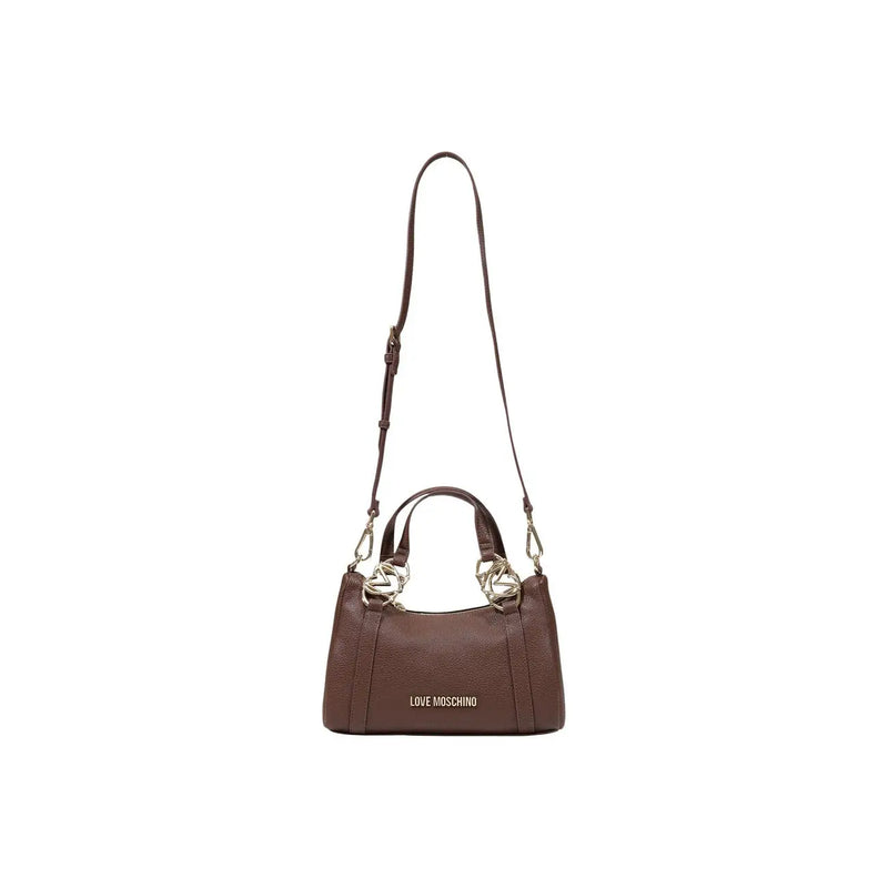 Love Moschino Damen-Schultertasche aus braunem Polyurethan mit strukturiertem Leder und goldfarbenen, rosenförmigen Beschlägen, 27 cm