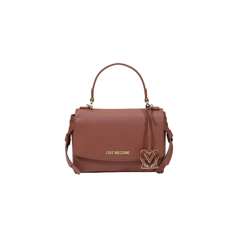 Braune Moschino Love Schultertasche aus Leder für Damen mit goldfarbenen Beschlägen, herzförmigem Logo-Anhänger und Polyurethan-Verschluss, W27