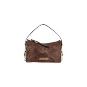 Braune Moschino Love Schultertasche aus Wildleder, 18 cm, mit goldfarbenen Beschlägen und Logo-Patch auf der Vorderseite für Damen