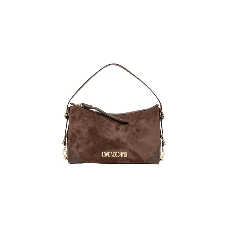 Braune Moschino Love Schultertasche aus Wildleder, 18 cm, mit goldfarbenen Beschlägen und Logo-Patch auf der Vorderseite für Damen