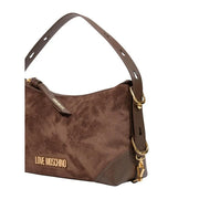 Love Moschino Damen-Schultertasche aus braunem Wildleder (18 cm) mit goldfarbenen Beschlägen und abnehmbarem Riemen