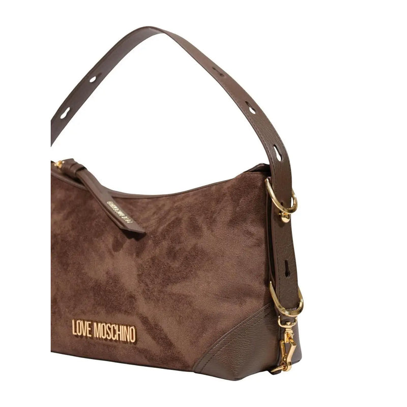 Love Moschino Damen-Schultertasche aus braunem Wildleder (18 cm) mit goldfarbenen Beschlägen und abnehmbarem Riemen