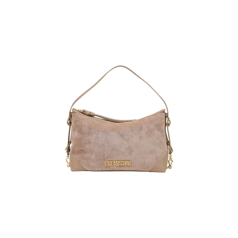 Beiges Wildleder Love Moschino Damen-Schultertasche, 18 cm, mit goldfarbenen Beschlägen und Logo-Plakette auf der Vorderseite