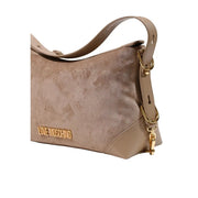 Beigefarbene Moschino Love Schultertasche aus Wildleder mit goldfarbenen Beschlägen und abnehmbarem Riemen (18 cm) für Damen